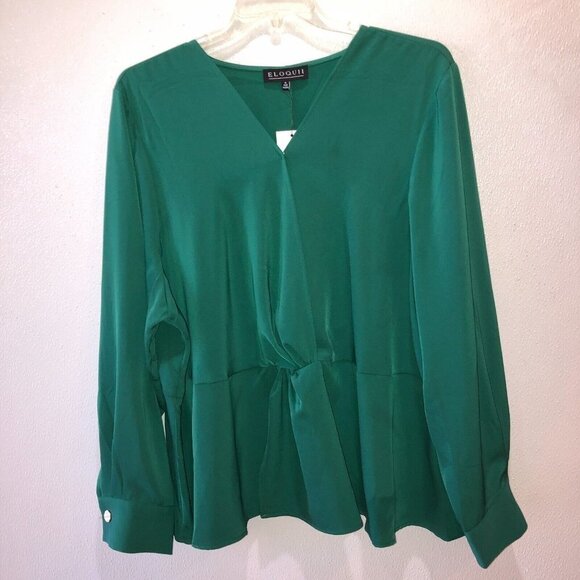 Eloquii Womens Size 28 Emerald Green Long Sleeve V Neck Blouse Shirt Top - Picture 5 of 12
